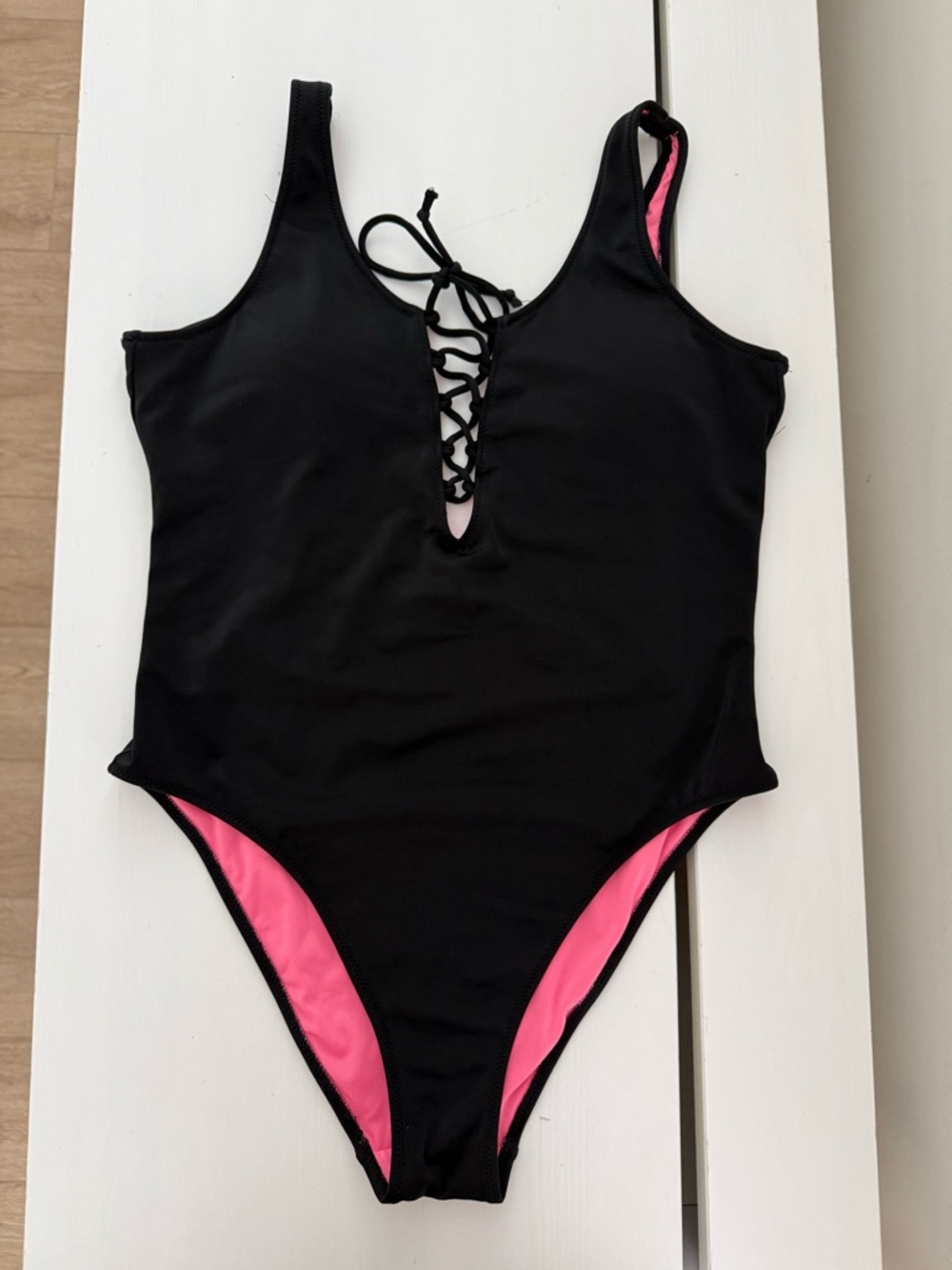 Victoria’s Secret PINK Black Lace Up One Piece Swimsuit Pink Lining Medium - Picture 5 of 10